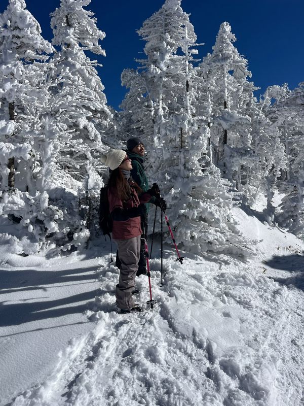 Two snowshoers resting among frost-covered firs